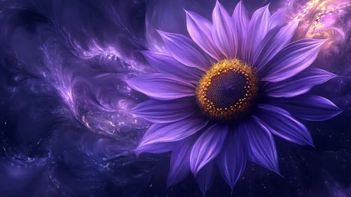 Gentle cosmic sunflower glowing in dreamy violet light.