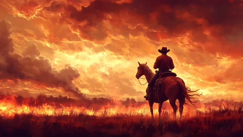 Lone rider watches a burning horizon under wildfire skies.