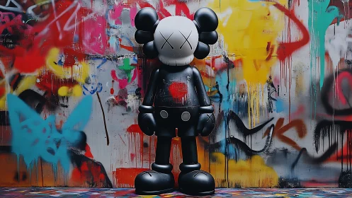 Monochrome vinyl figure against high-saturation graffiti wall drips