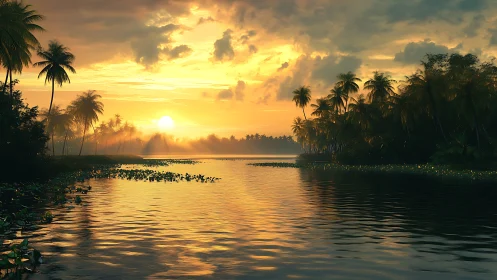 Tropical estuary sunrise with volumetric haze and specular water.