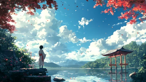 Solitary robed figure observes lakeside torii under vibrant sky