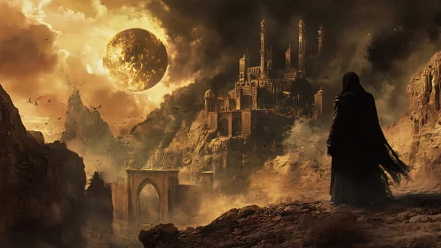 Occult observer surveying eclipse-lit citadel in ruinous canyon.