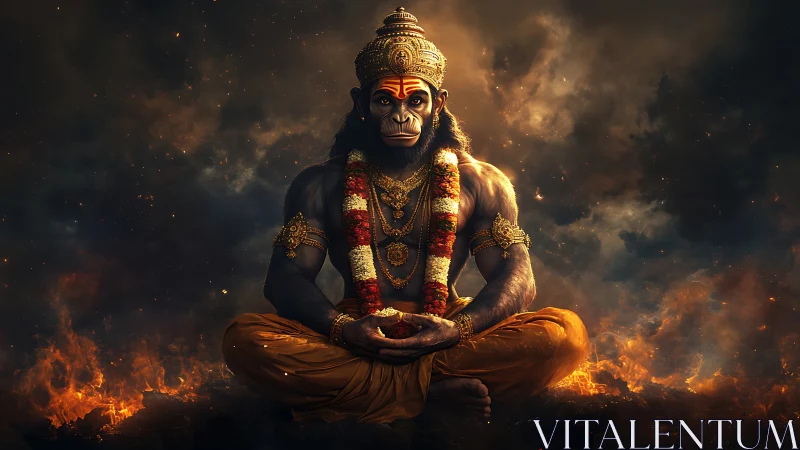 Digital painting of divine simian deity in fiery meditation pose.
