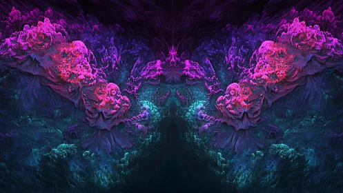 Symmetric neon fractal reef with volumetric depth rendering.