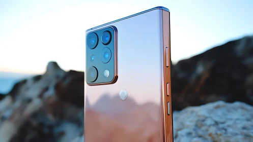 Rose gold smartphone with quad camera module reflects sunset
