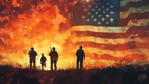 Soldiers silhouetted against inferno with American flag backdrop.