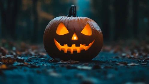 Carved jack o lantern on forest path at dusk outdoors.