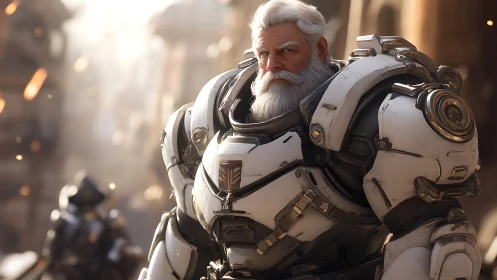 Armored older soldier stands in detailed sci fi exosuit
