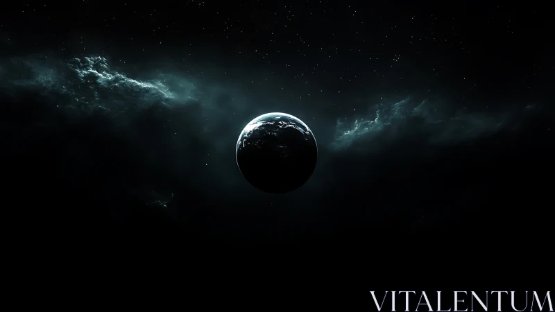 Backlit terrestrial planet in deep space with nebular clouds