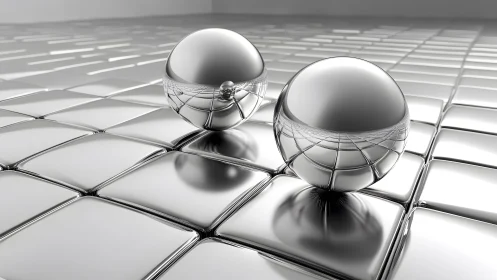 Twin chrome spheres dancing on a mirrored digital gridscape.