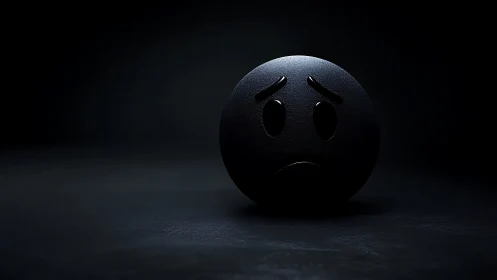 Melancholic matte black emoji sphere under low key lighting