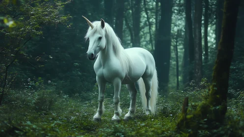Photorealistic white unicorn standing in misty temperate forest