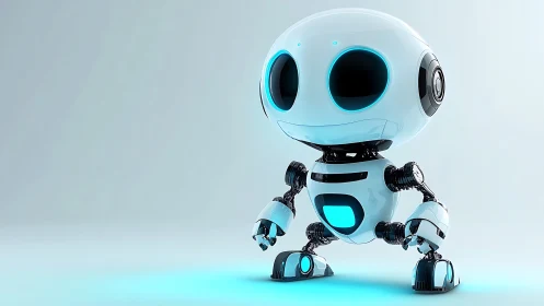 Cute futuristic service robot with glowing cyan lights.