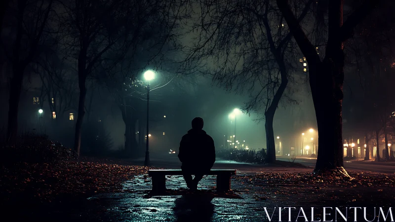 Silhouette sits on park bench under misty night streetlights
