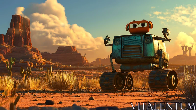 Cartoon robot stands in sunlit desert canyon landscape