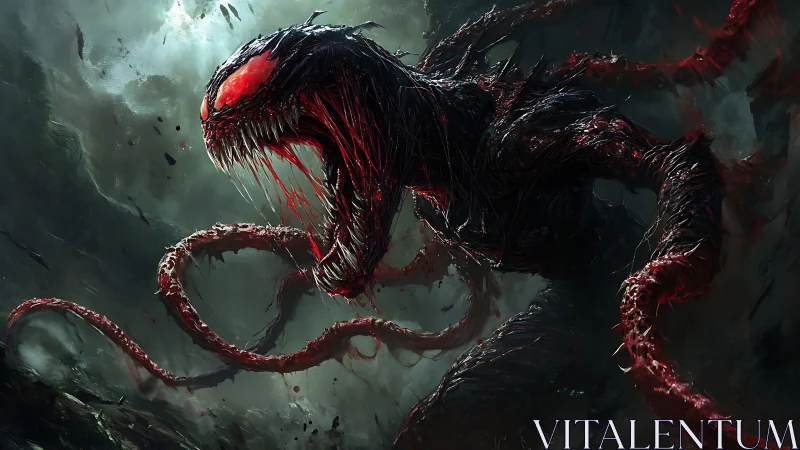 Monstrous red tendril creature roars in stormy darkness.