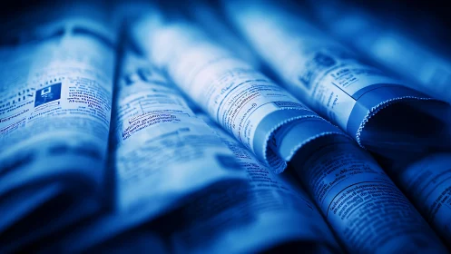 Rolled financial newspapers in cool monochrome focus.