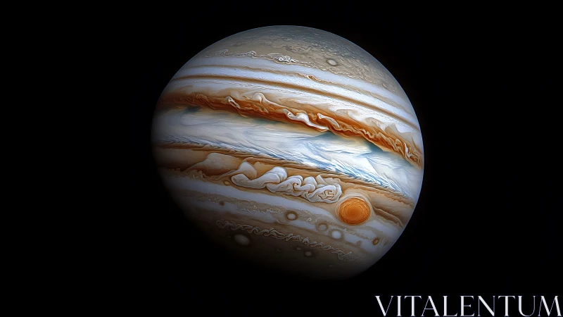 Storm-laced Jupiter quietly spins, draped in caramel clouds