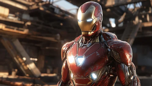 Armored red guardian glowing amid junkyard dusk light.