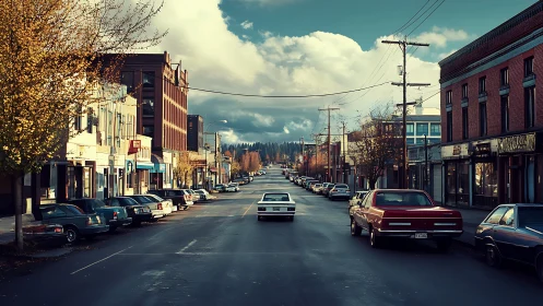 Linear downtown streetscape with vintage vehicular geometry.