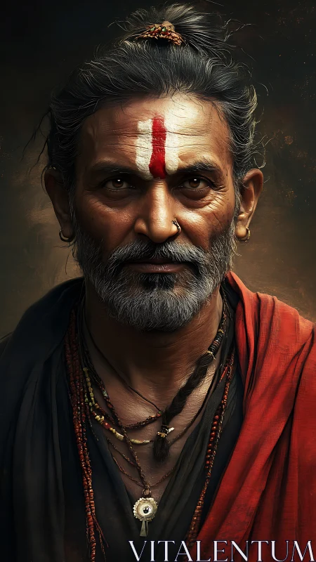 Hyper-detailed portrait of ascetic elder with tilak and layered textiles