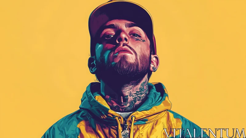 Chromatic vector portrait of tattooed man in hooded jacket.