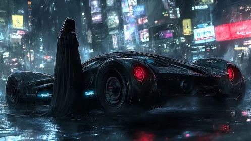 Cloaked vigilante beside neon supercar in rain-soaked city.