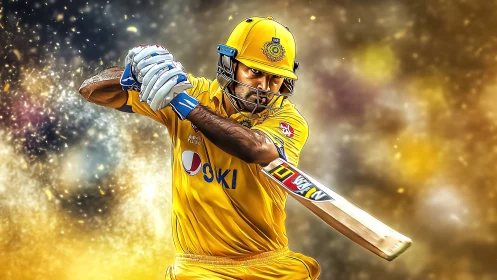 Cricketer in yellow uniform executing front-foot batting shot.