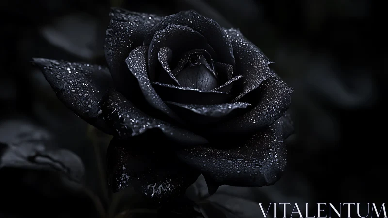 Close-up black rose with water droplets on dark background.
