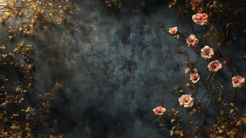 Pink Flowers Against Weathered Blue and Gold Wall.