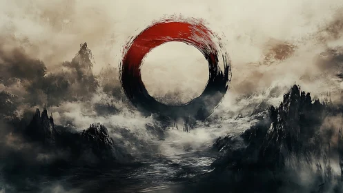 Red enso ring hovers over foggy jagged mountainscape digitally