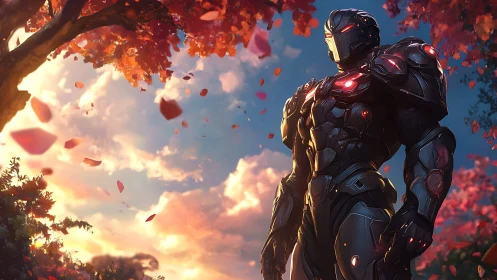 Autumnal armored exoshell under volumetric sunset skyfield.