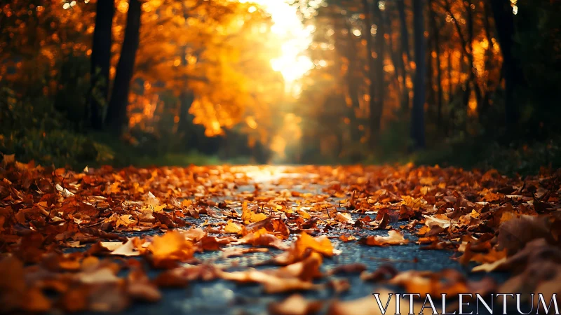 Golden autumn path filled with glowing leaves and soft light.