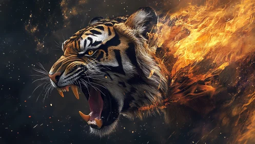 Tiger head erupts in roaring flame across dark void
