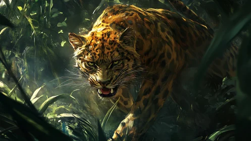 Jungle Predator: Spotted Leopard Advancing Through Dense Vegetation