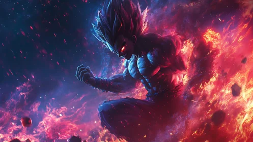 Muscular anime warrior powered up in fiery explosion.