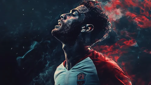 Footballer exhales fierce determination in smoky stadium glow