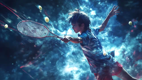 Young tennis player lunges through cosmic light in mid swing