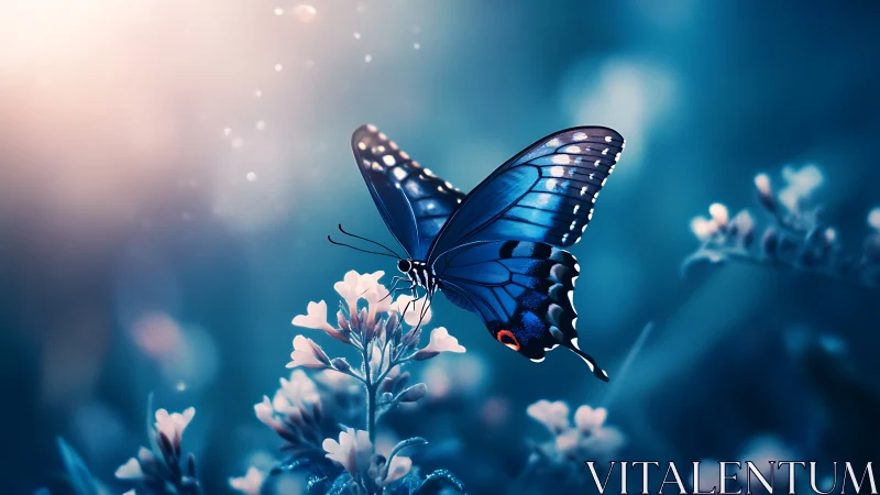 Blue butterfly rests on flower within defocused blue field