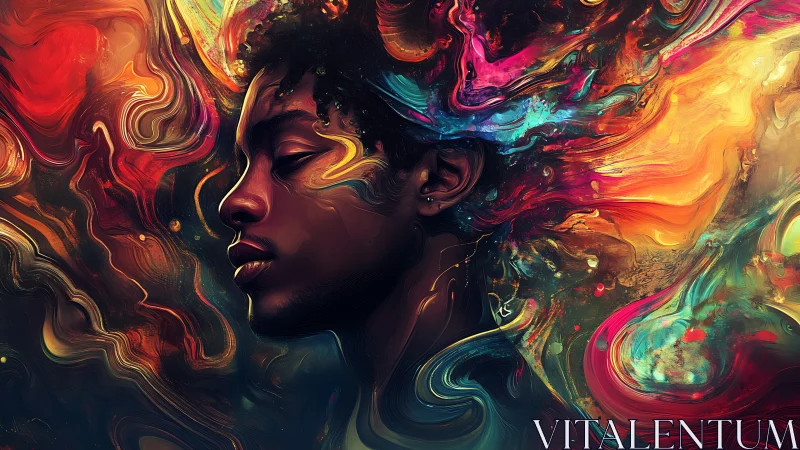Dreaming portrait drifts through swirling neon cosmic color