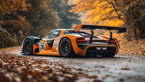 Orange race car with rear wing on autumn forest road.