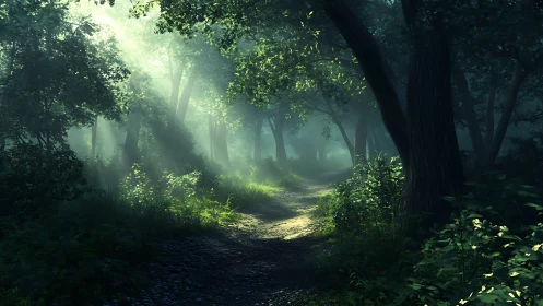 Enchanted Forest Pathway: Where Misty Light Dances Through Ancient Woods.