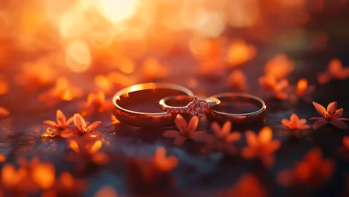 Three Gold Wedding Rings Arranged Among Amber Flowers in Warm Bokeh Lighting