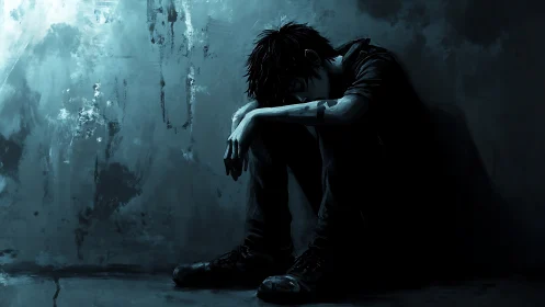 Low-key digital painting isolates crouched figure in cold desaturated blues