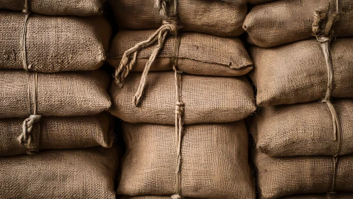 Stacked burlap sacks bound with twine rope