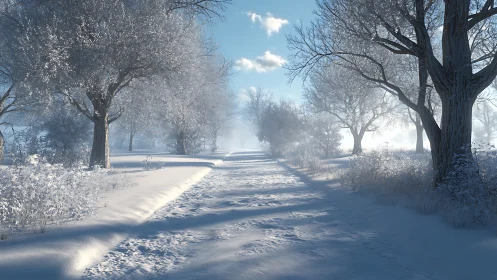 Gentle winter path stretches softly beneath frosted trees