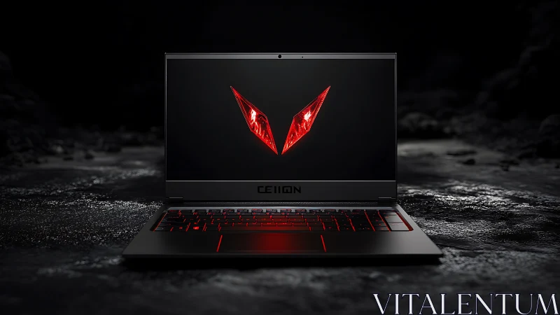 Gaming laptop with red backlit keyboard on dark surface.