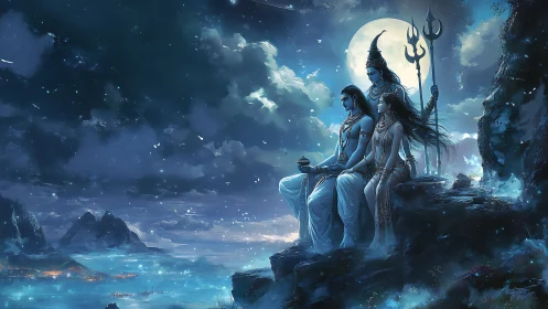 Moonlit divine trinity gazes across a storm-kissed cosmic sea.