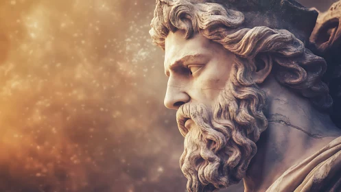 Marble profile of bearded classical male statue in light.