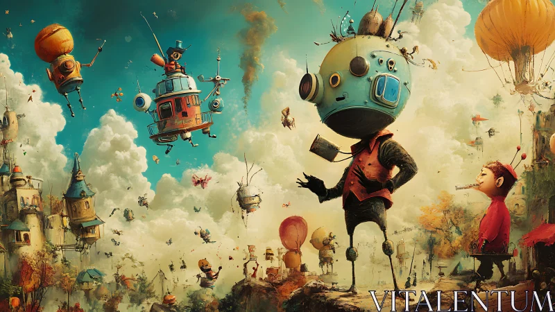 Whimsical robots and child in floating steampunk city.